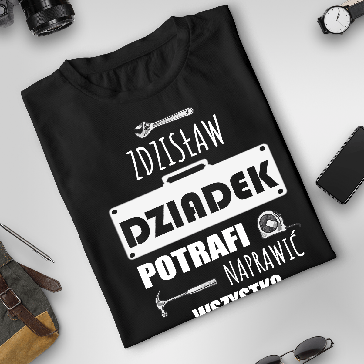 Koszulka męska z nadrukiem NAPRAWI WSZYSTKO - spersonalizowany prezent dla dziadka - idamell.com