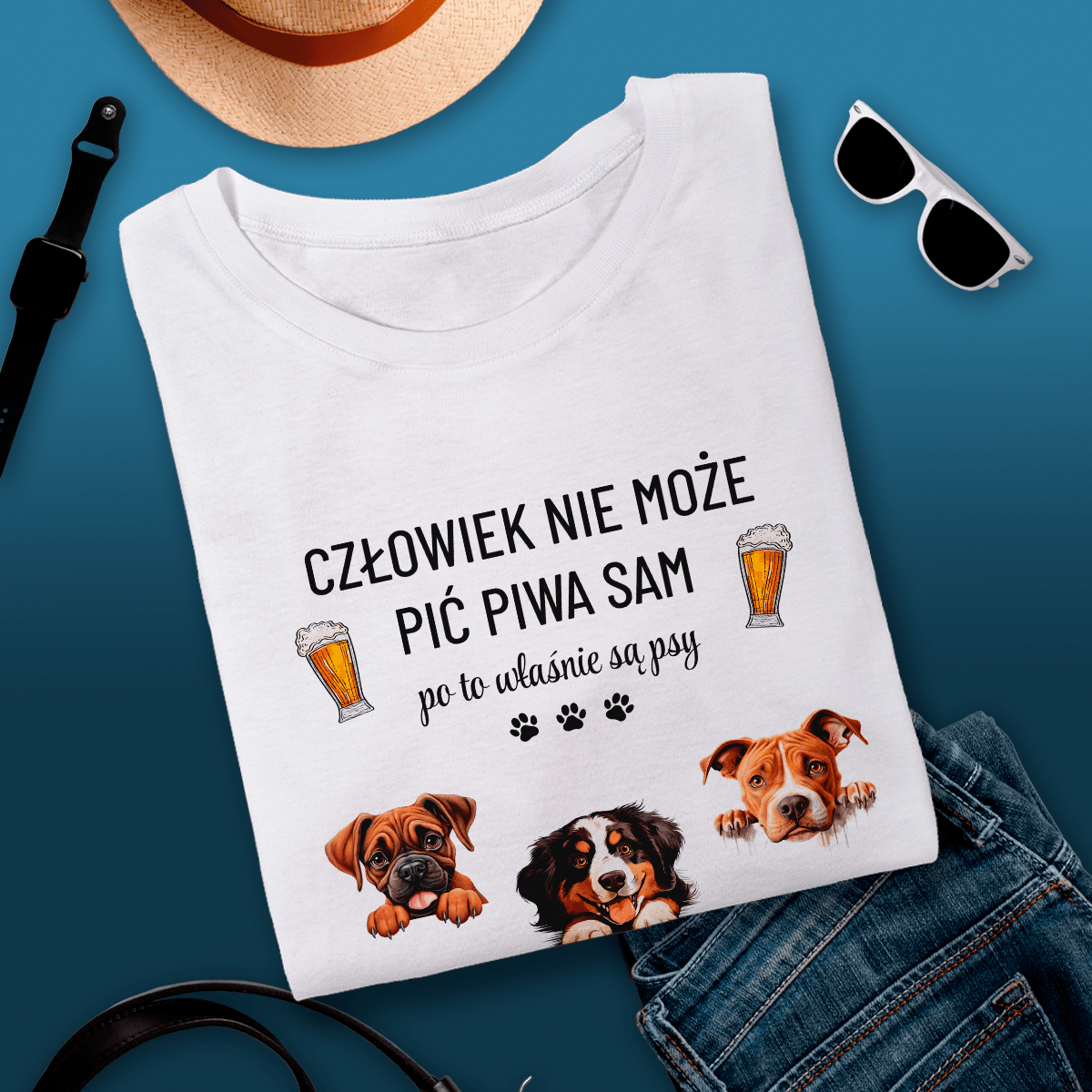 Koszulka męska z nadrukiem PSY & PIWO - prezent dla właściciela psów - idamell.com