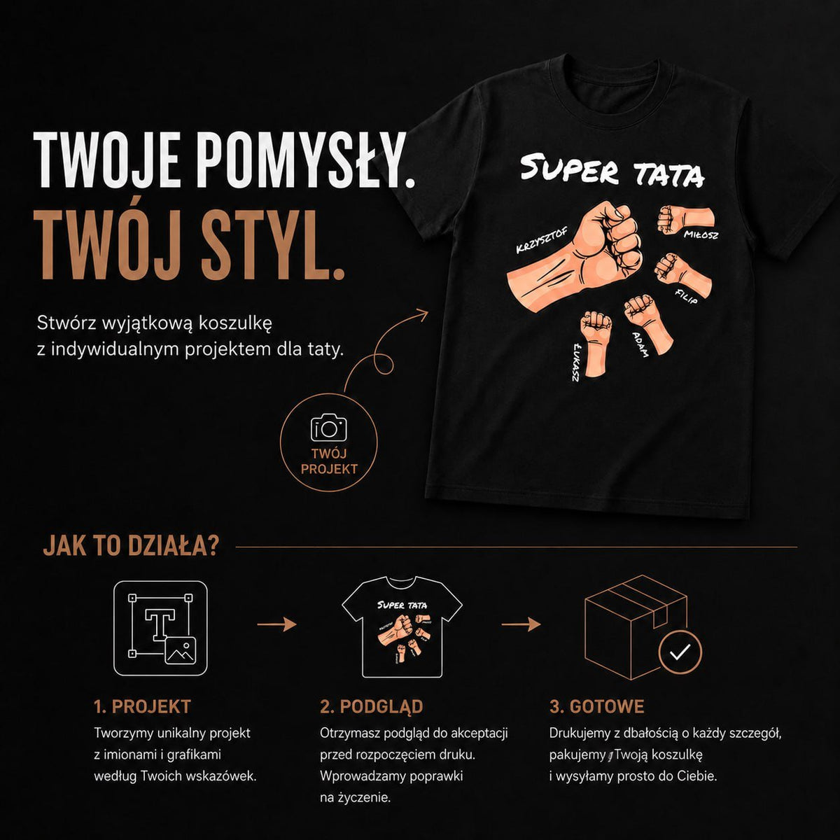 Koszulka męska z nadrukiem SUPER TATA - spersonalizowany prezent dla taty - idamell.com