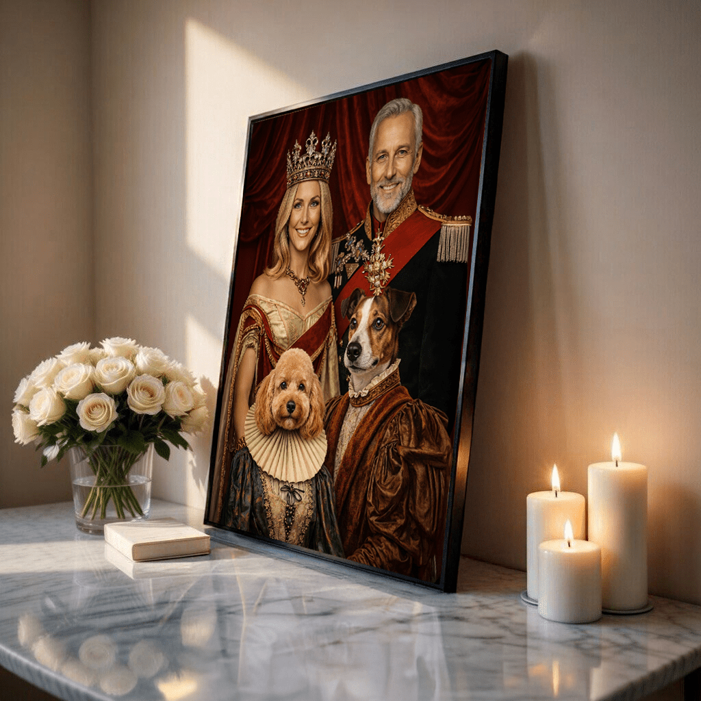 Król i królowa z pupilem - plakat, spersonalizowany prezent dla pary - idamell.com