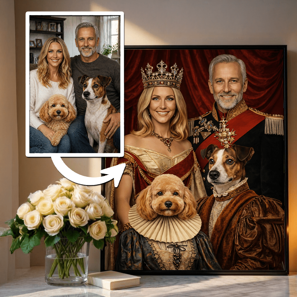 Król i królowa z pupilem - plakat, spersonalizowany prezent dla pary - idamell.com