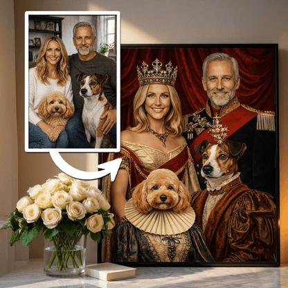 Król i królowa z pupilem - plakat, spersonalizowany prezent dla pary - idamell.com