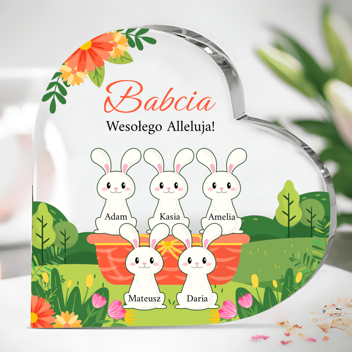 Króliki z imionami dla babci - Szklane serce, spersonalizowany prezent dla babci - idamell.com