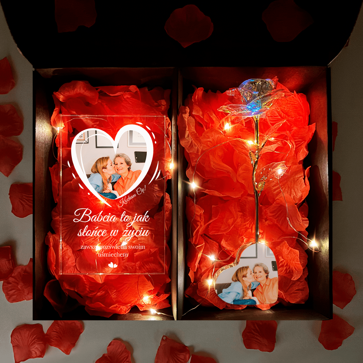 Kryształowa róża wieczna LED w sercu + druk na szkle MOJA BABCIA BOX 2 w 1 - idamell.com