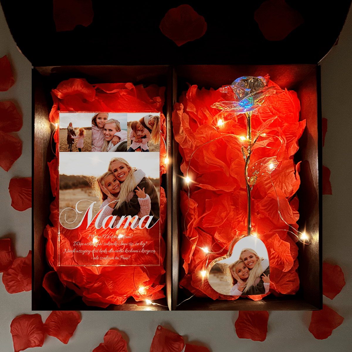 Kryształowa róża wieczna LED w sercu + wydruk na szkle BOX 2 w 1 MAMO! - idamell.com