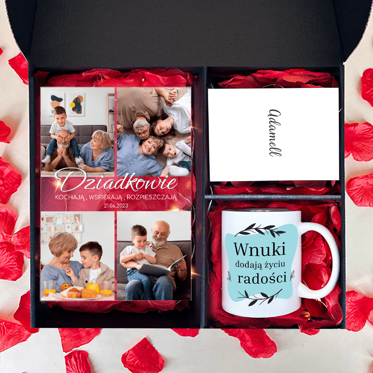 Kubek + druk na szkle KOCHAJĄCY DZIADKOWIE - zestaw prezentowy Box 2 w 1, spersonalizowany prezent dla dziadków - idamell.com
