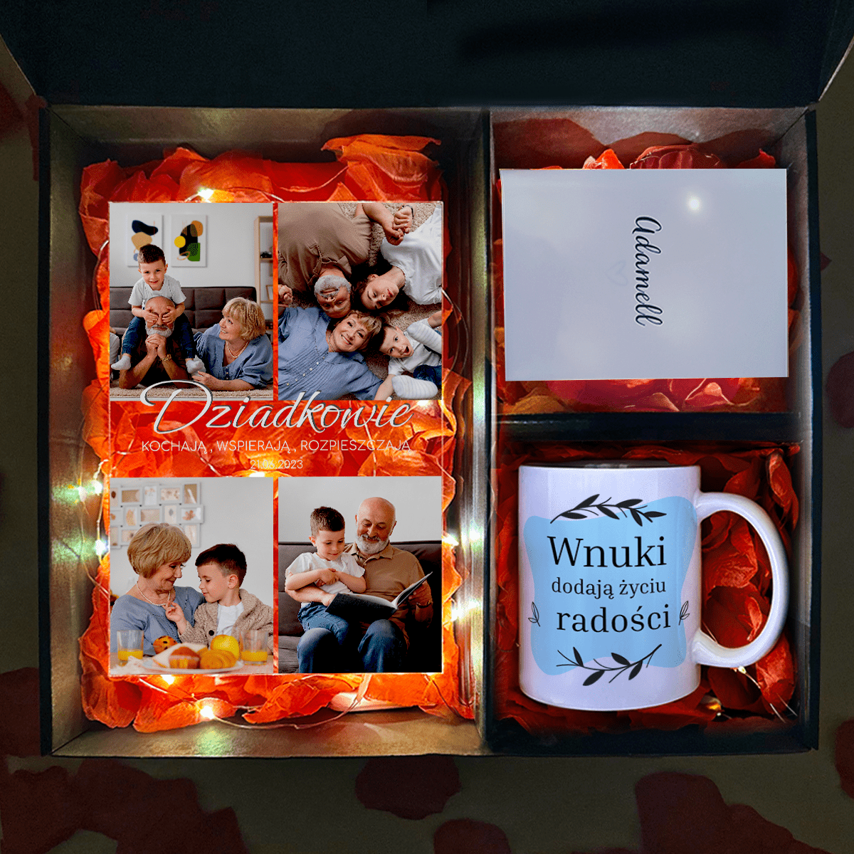 Kubek + druk na szkle KOCHAJĄCY DZIADKOWIE - zestaw prezentowy Box 2 w 1, spersonalizowany prezent dla dziadków - idamell.com