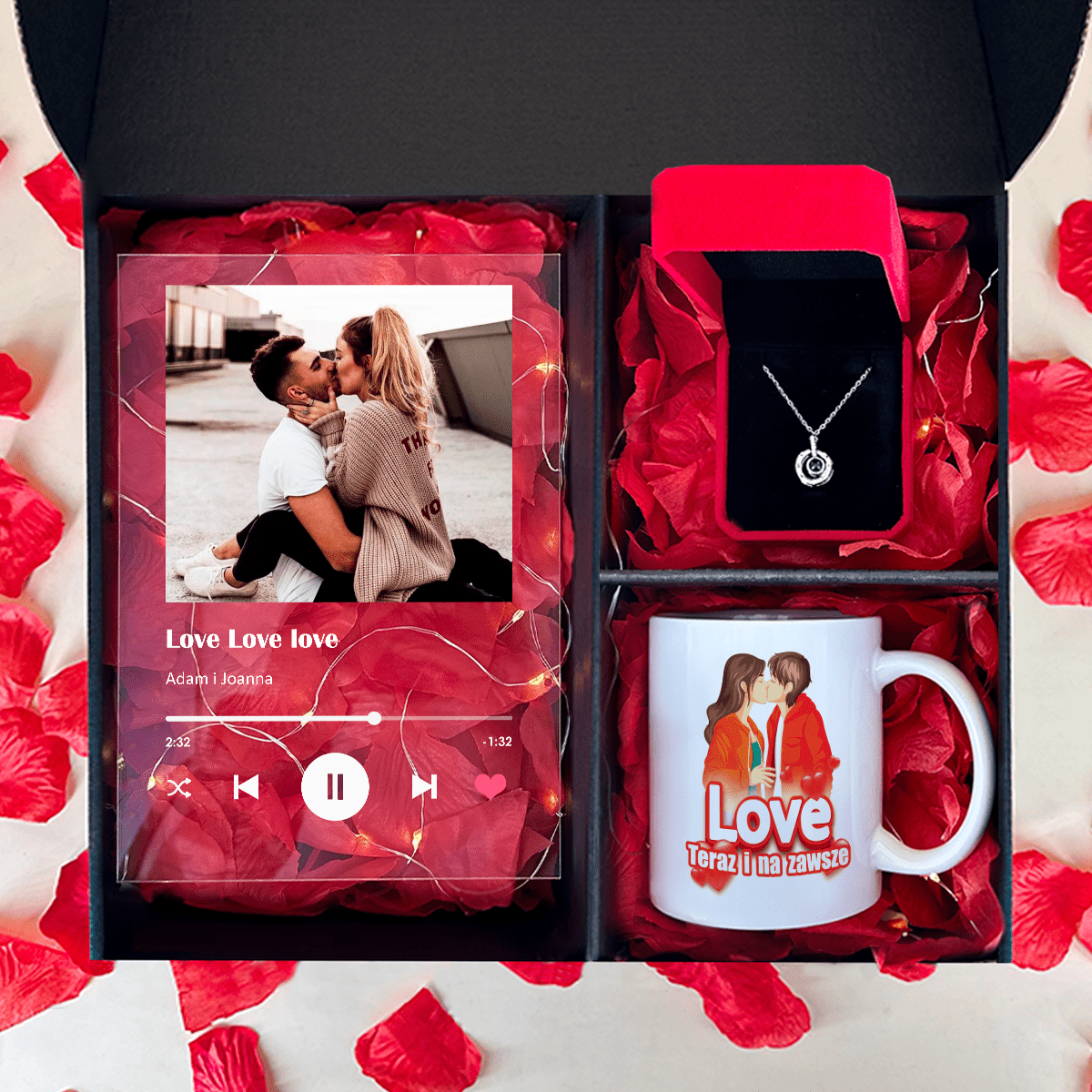 Kubek + druk na szkle LOVE + wisiorek - zestaw prezentowy Box 3 w 1, spersonalizowany prezent dla pary - idamell.com
