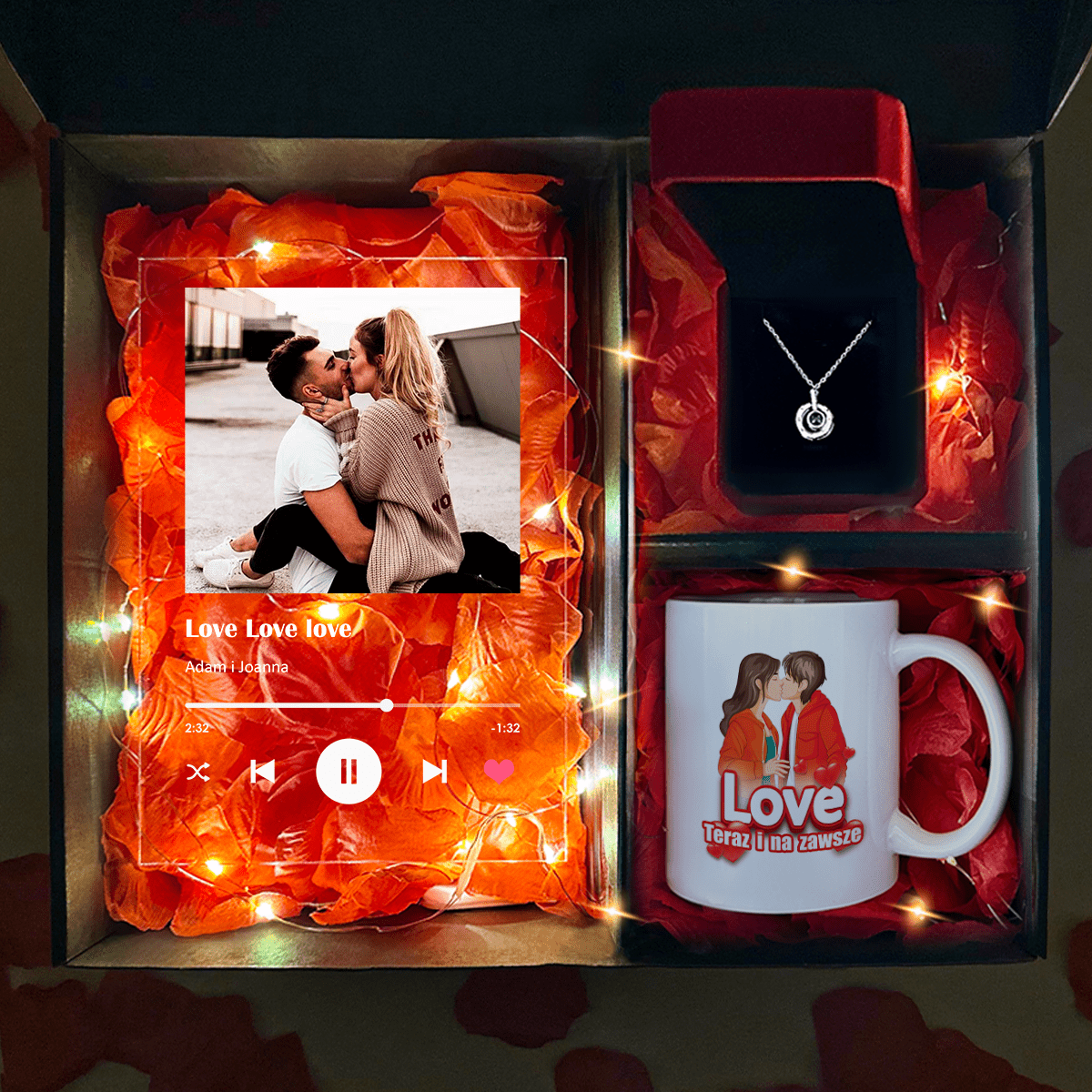 Kubek + druk na szkle LOVE + wisiorek - zestaw prezentowy Box 3 w 1, spersonalizowany prezent dla pary - idamell.com