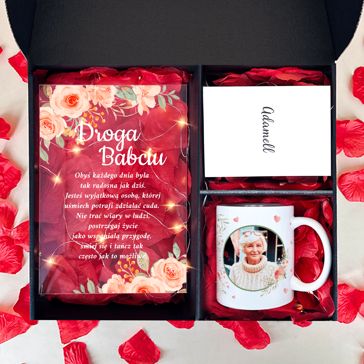 Kubek + druk na szkle MOJA DROGA BABCIA - zestaw prezentowy Box 2 w 1, spersonalizowany prezent dla babci - idamell.com