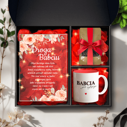 Kubek + herbata + druk na szkle DROGA BABCIU - zestaw prezentowy Box 3 w 1, spersonalizowany prezent dla babci - idamell.com