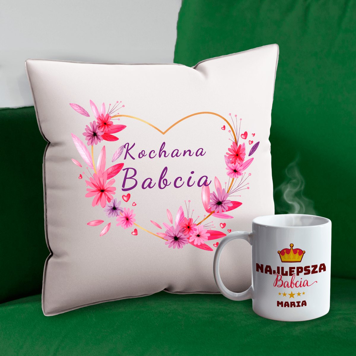 Kubek + poduszka z nadrukiem BABCIA - zestaw prezentowy Box 2 w 1, spersonalizowany prezent dla babci - idamell.com
