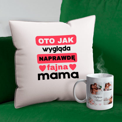Kubek + poduszka z nadrukiem MAMA - zestaw prezentowy Box 2 w 1, spersonalizowany prezent dla mamy - idamell.com