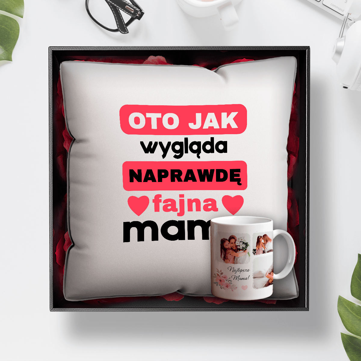 Kubek + poduszka z nadrukiem MAMA - zestaw prezentowy Box 2 w 1, spersonalizowany prezent dla mamy - idamell.com