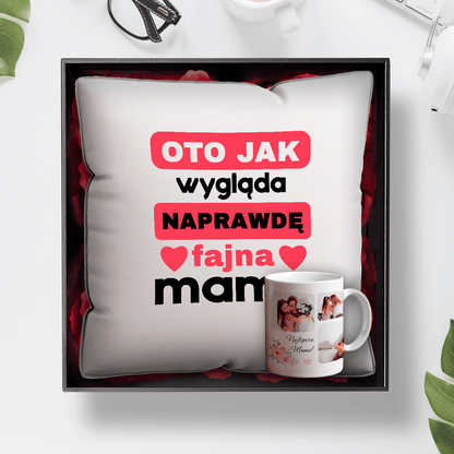 Kubek + poduszka z nadrukiem MAMA - zestaw prezentowy Box 2 w 1, spersonalizowany prezent dla mamy - idamell.com