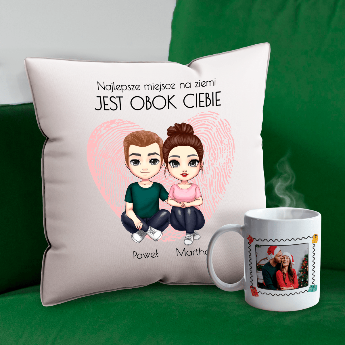Kubek + poduszka z nadrukiem PARA CLIPART - zestaw prezentowy Box 2 w 1, spersonalizowany prezent dla pary - idamell.com