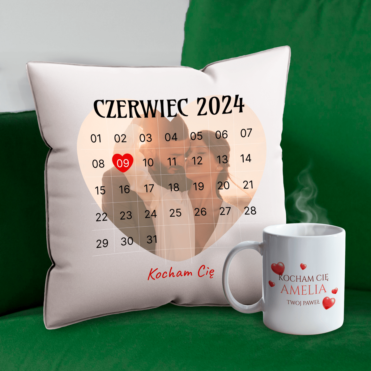 Kubek + poduszka z nadrukiem ROCZNICA - zestaw prezentowy Box 2 w 1, spersonalizowany prezent dla niej - idamell.com