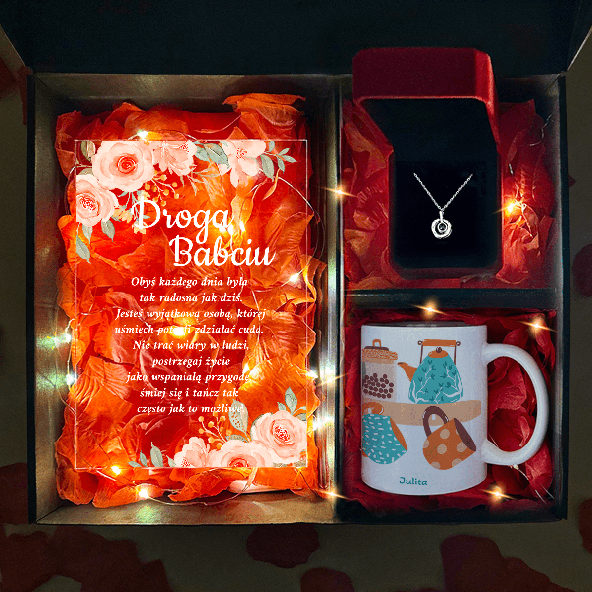 Kubek + wisiorek + druk na szkle DROGA BABCIU - zestaw prezentowy Box 3 w 1, spersonalizowany prezent dla babci - idamell.com