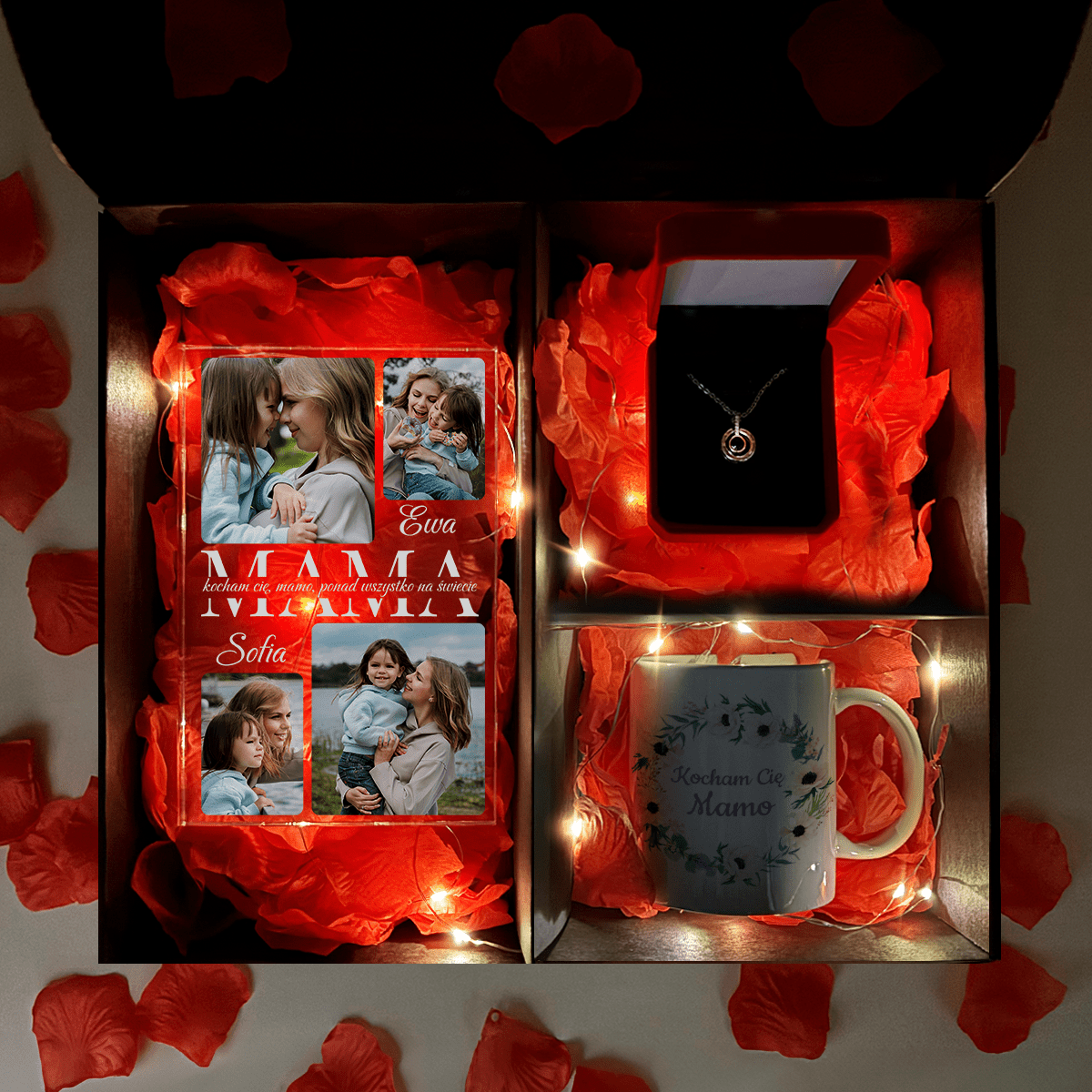 Kubek + wisiorek+ druk na szkle KOCHAM CIĘ, MAMO - zestaw prezentowy Box 3 w 1, spersonalizowany prezent dla mamy - idamell.com