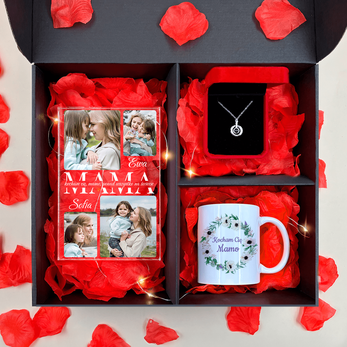 Kubek + wisiorek+ druk na szkle KOCHAM CIĘ, MAMO - zestaw prezentowy Box 3 w 1, spersonalizowany prezent dla mamy - idamell.com