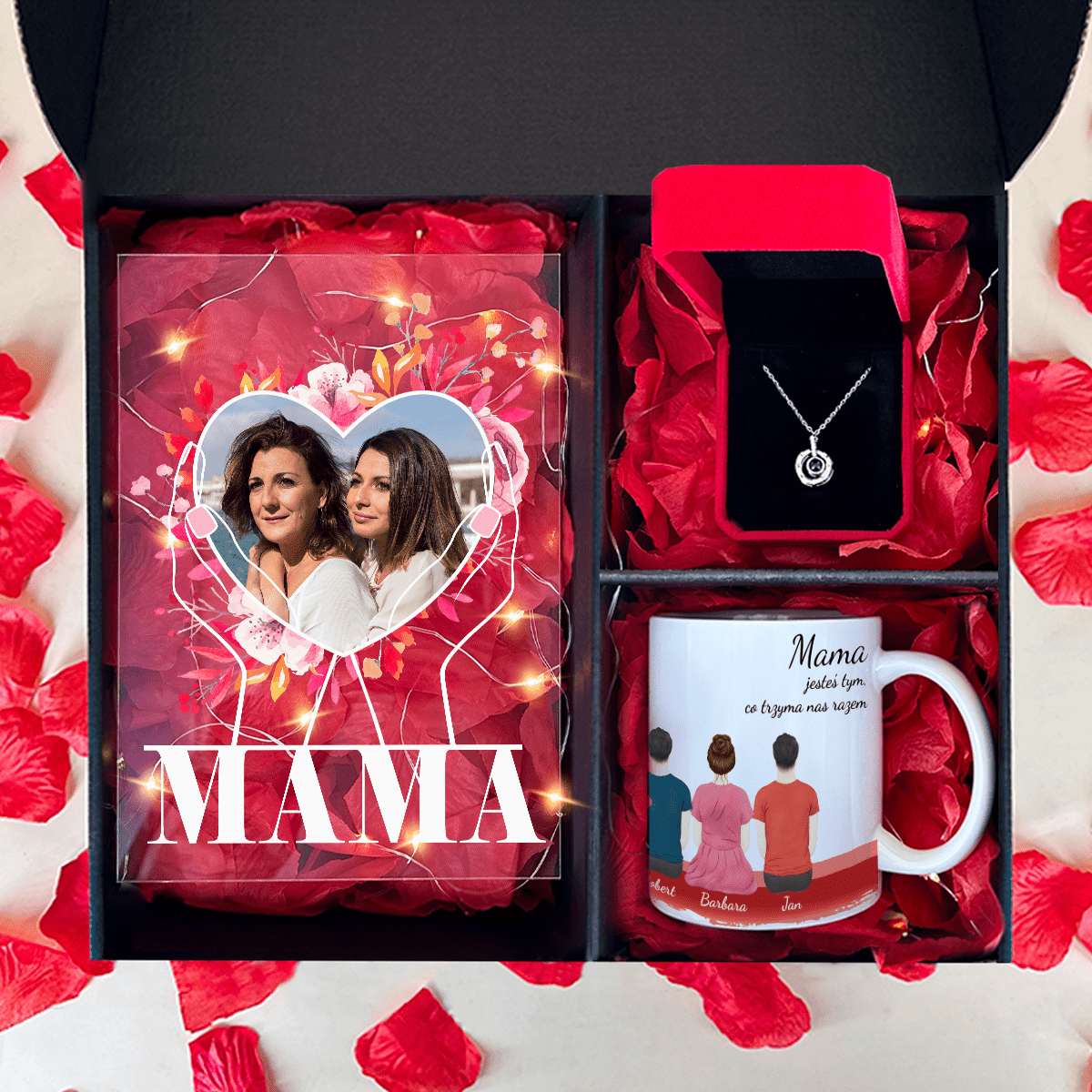 Kubek + wisiorek + druk na szkle MAMA - zestaw prezentowy Box 3 w 1, spersonalizowany prezent dla mamy - idamell.com