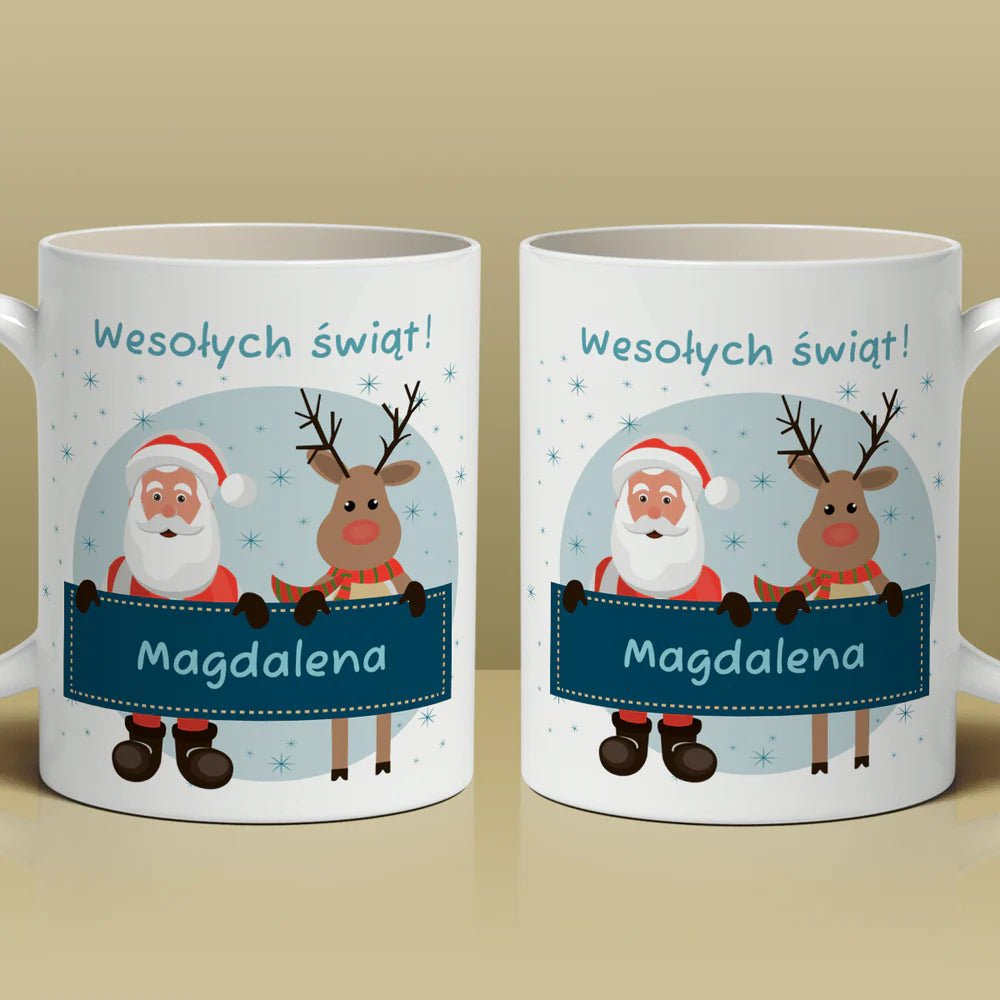 Kubek z nadrukiem WESOŁYCH ŚWIĄT! + wieczna róża + wisiorek - zestaw prezentowy 3 w 1, spersonalizowany prezent dla babci - idamell.com