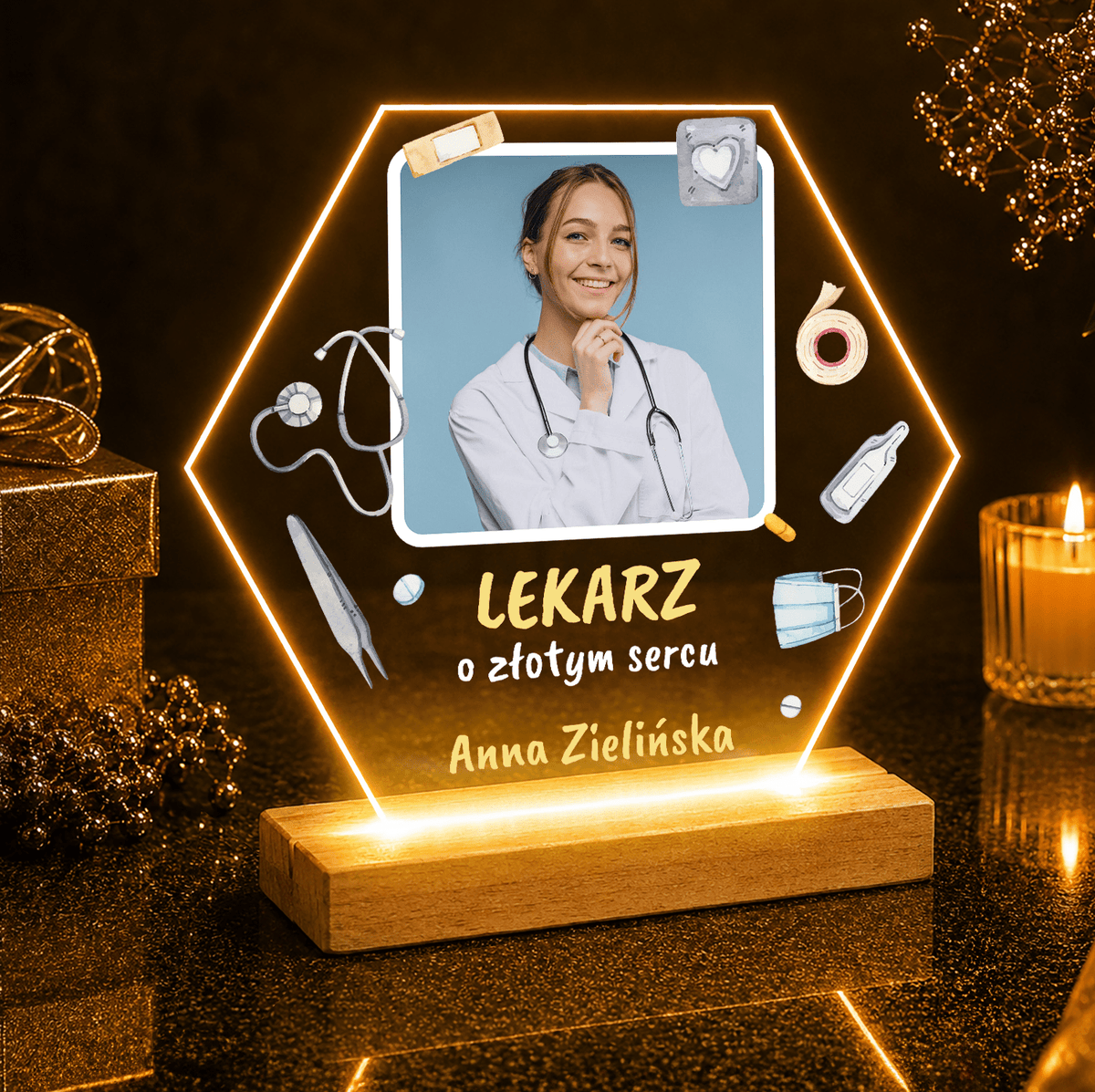 Lekarz o złotym sercu - Druk na szkle, spersonalizowany prezent dla lekarza - idamell.com