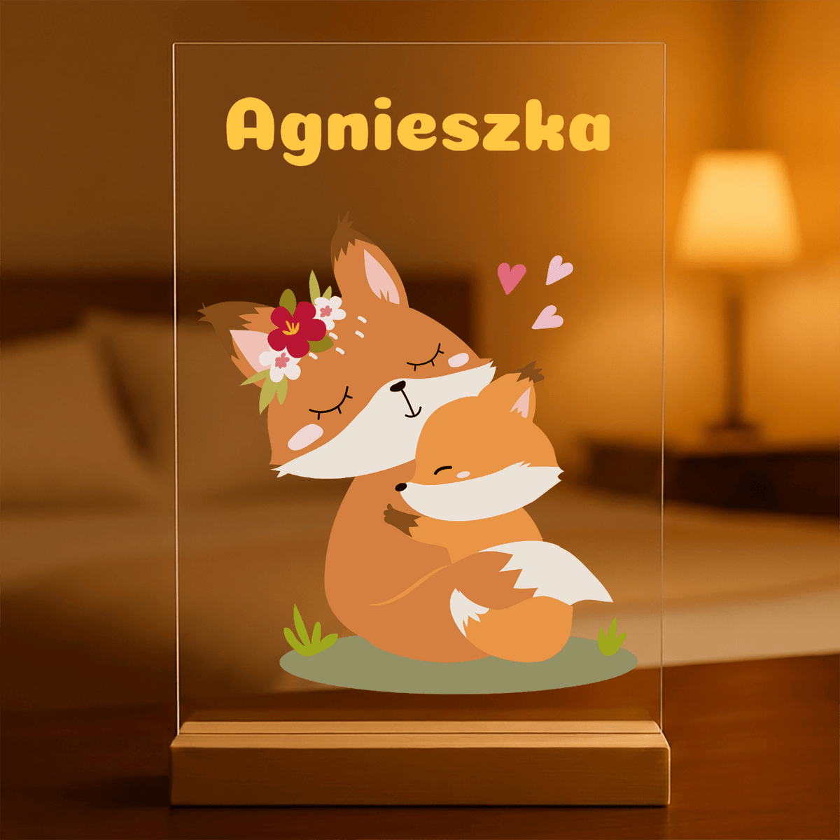 Liski grafika + imię - Druk na szkle z podstawką LED, spersonalizowany prezent dla dziecka - idamell.com