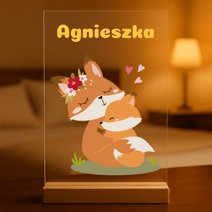 Liski grafika + imię - Druk na szkle z podstawką LED, spersonalizowany prezent dla dziecka - idamell.com