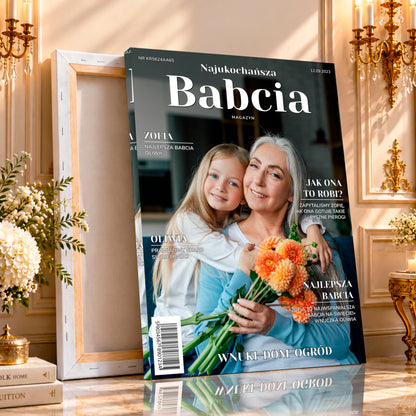 Kolaż ze zdjęć na płótnie Najukochańsza babcia na okładce — prezent dla babci