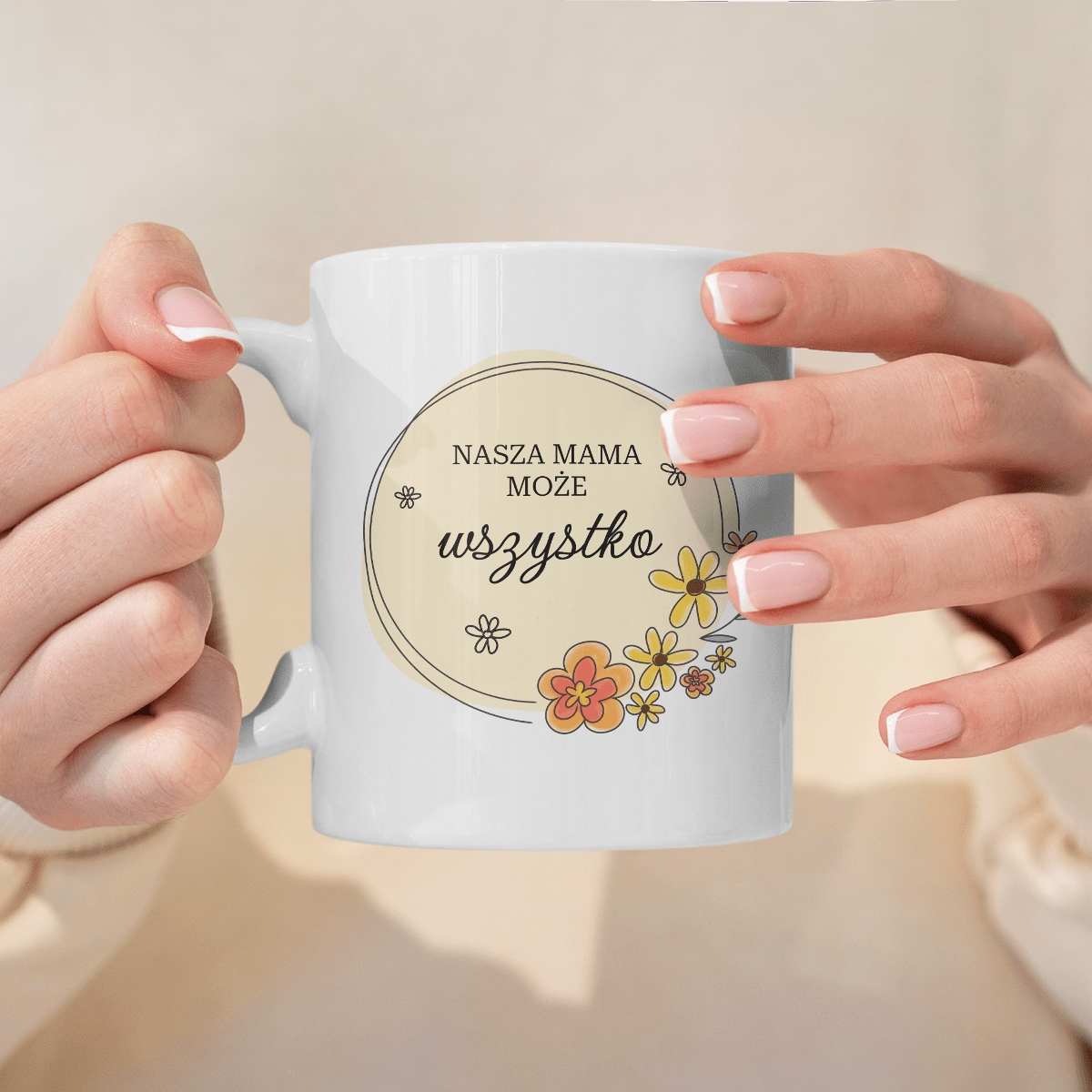 Mama może wszystko - 1x Kubek z nadrukiem, spersonalizowany prezent dla mamy - idamell.com