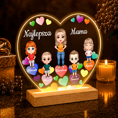 Mama z dziećmi + imiona Clipart - Druk na szkle serce, spersonalizowany prezent dla mamy - idamell.com
