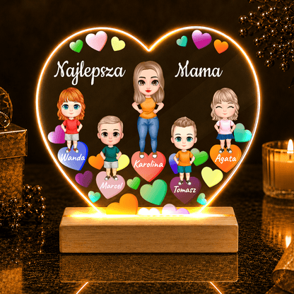 Mama z dziećmi + imiona Clipart - Druk na szkle serce, spersonalizowany prezent dla mamy - idamell.com