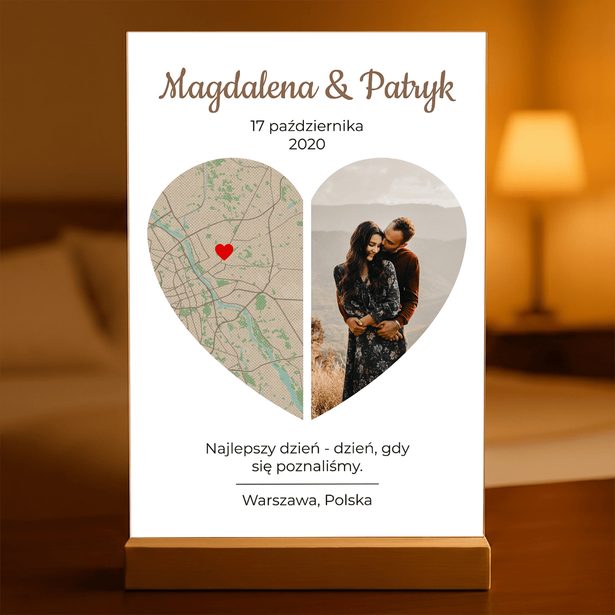 Mapa i zdjęcie w sercu - Druk na szkle, spersonalizowany prezent dla pary - idamell.com