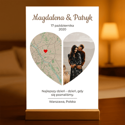Mapa i zdjęcie w sercu - Druk na szkle, spersonalizowany prezent dla pary - idamell.com