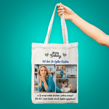 Materiałowa torba shopper z własnym nadrukiem 40 LAT - spersonalizowany prezent dla kobiety - idamell.com