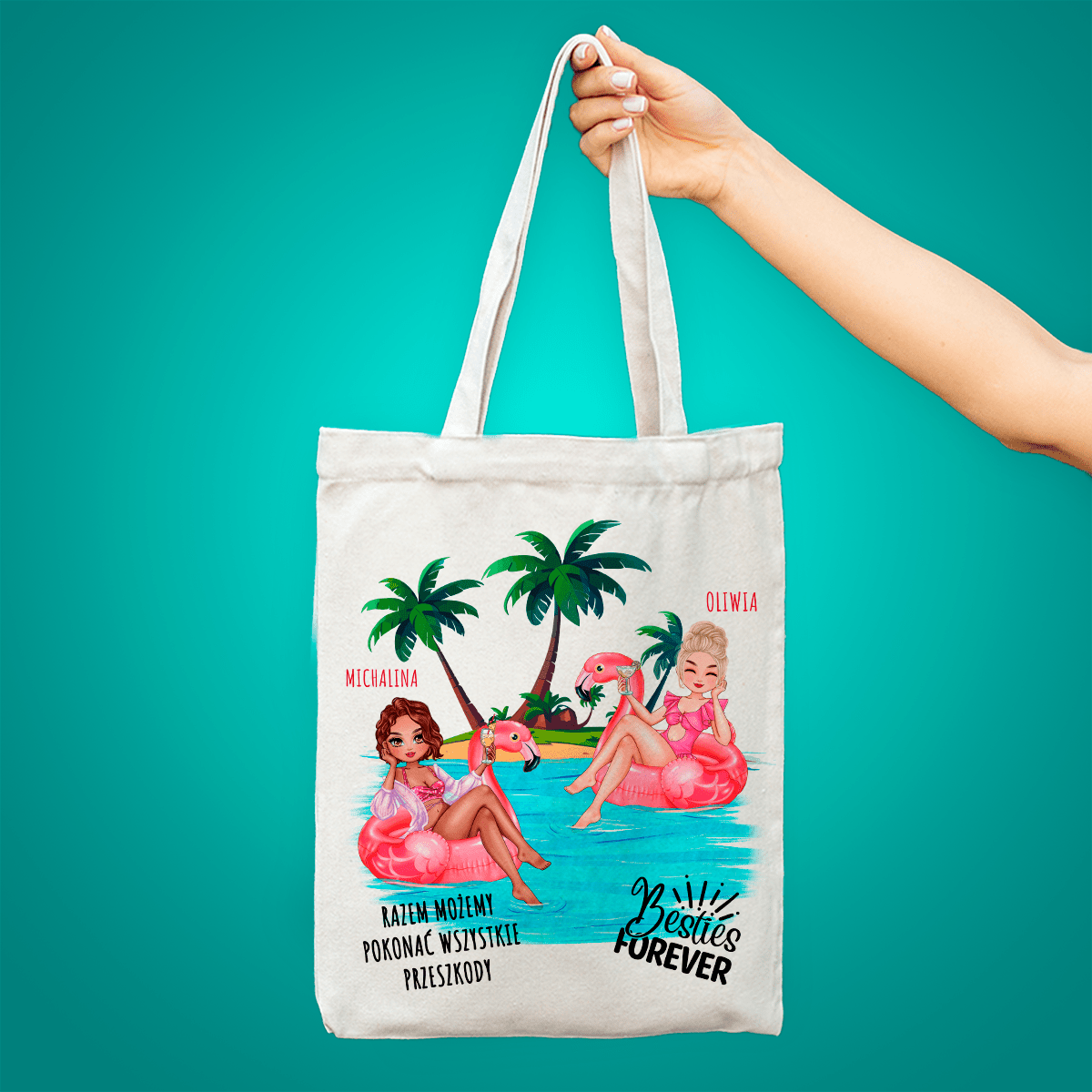 Materiałowa torba shopper z własnym nadrukiem BESTIES FOREVER - spersonalizowany prezent dla przyjaciółki - idamell.com