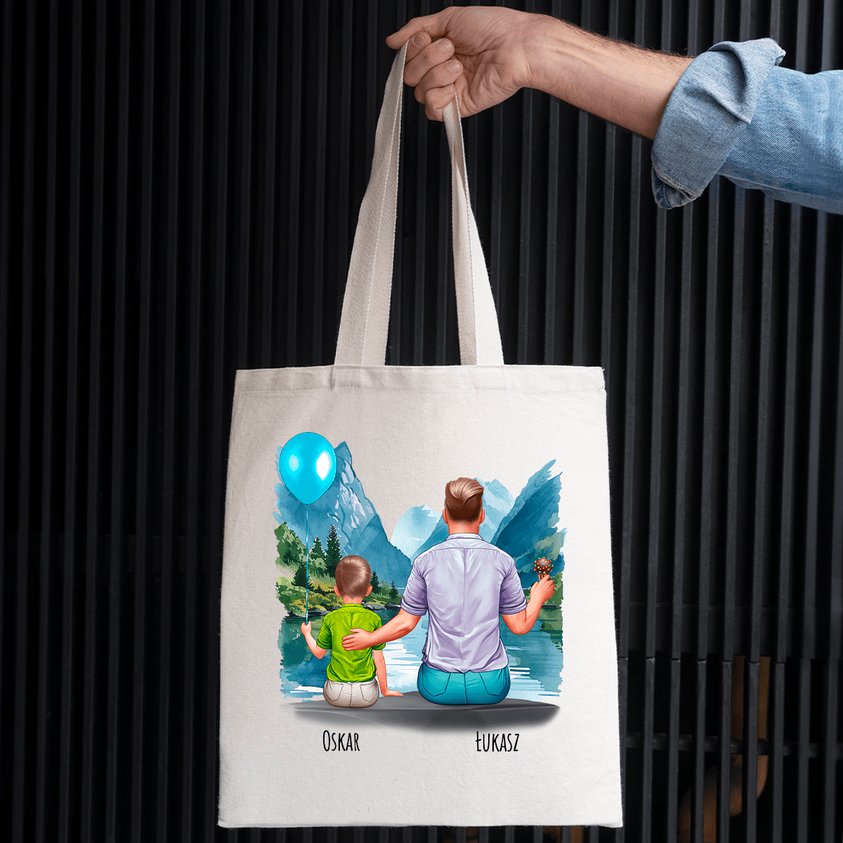 Materiałowa torba shopper z własnym nadrukiem CLIPART TATA I SYN - spersonalizowany prezent dla taty - idamell.com