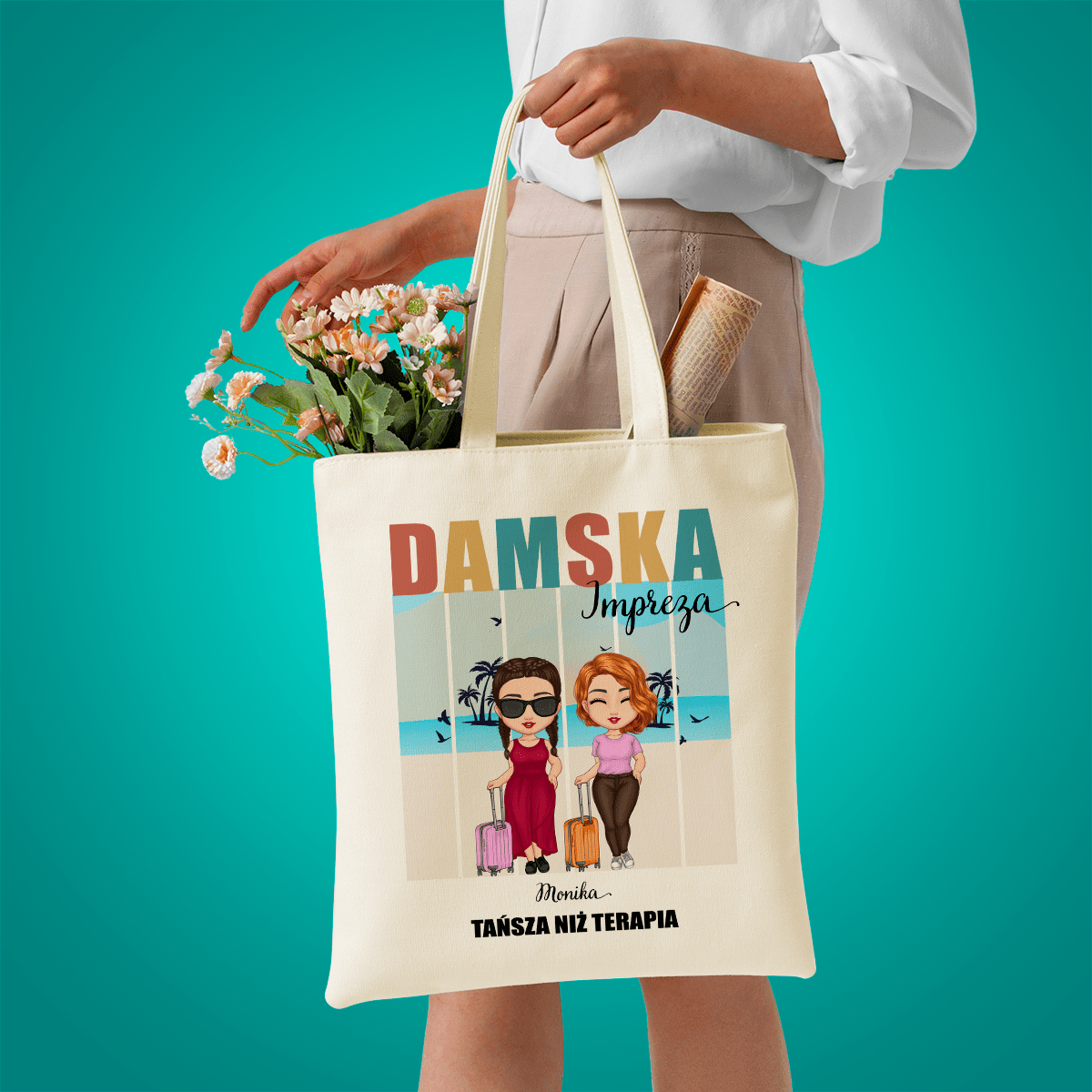 Materiałowa torba shopper z własnym nadrukiem DAMSKA IMPREZA - spersonalizowany prezent dla niej - idamell.com