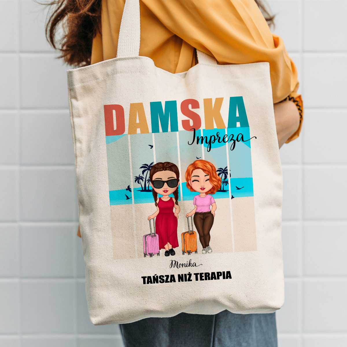 Materiałowa torba shopper z własnym nadrukiem DAMSKA IMPREZA - spersonalizowany prezent dla niej - idamell.com