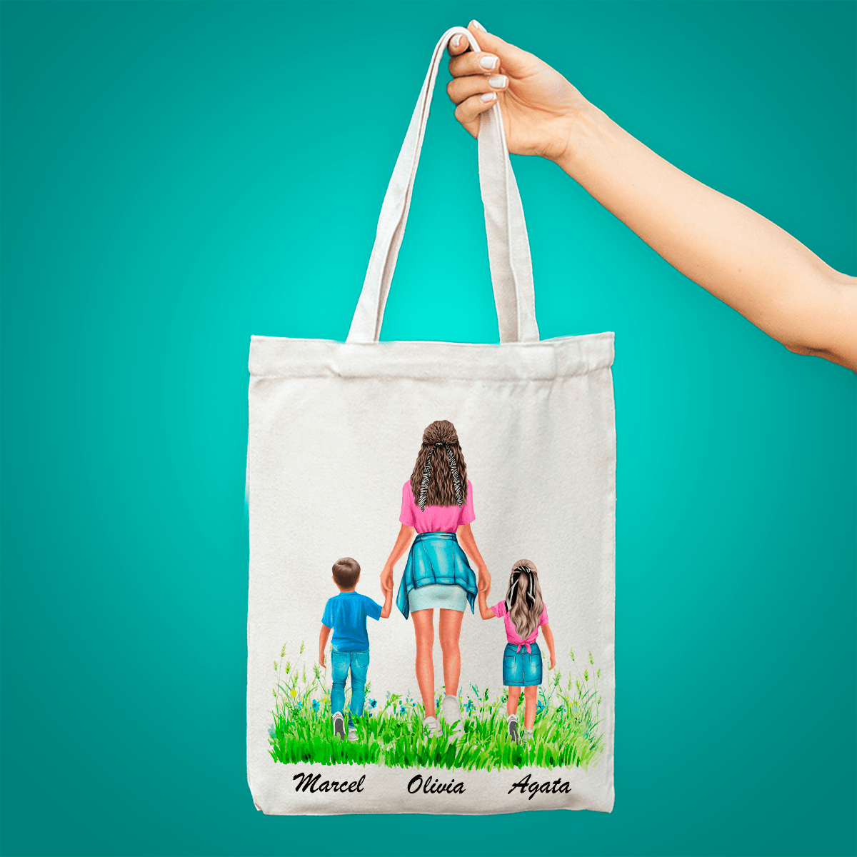 Materiałowa torba shopper z własnym nadrukiem DZIECI Z MAMĄ CLIPART - spersonalizowany prezent dla mamy - idamell.com