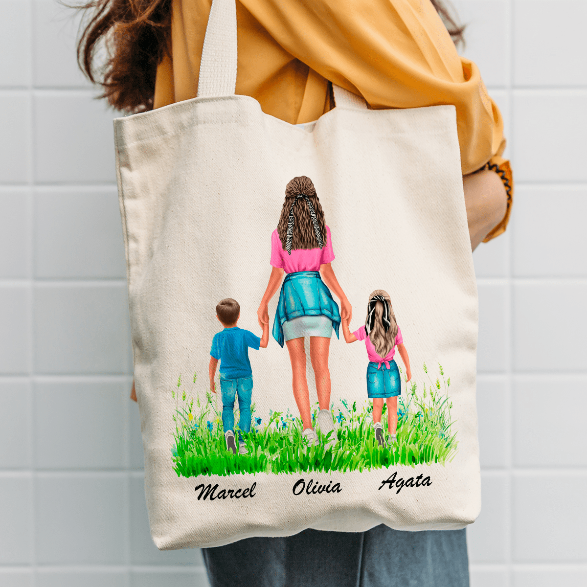 Materiałowa torba shopper z własnym nadrukiem DZIECI Z MAMĄ CLIPART - spersonalizowany prezent dla mamy - idamell.com