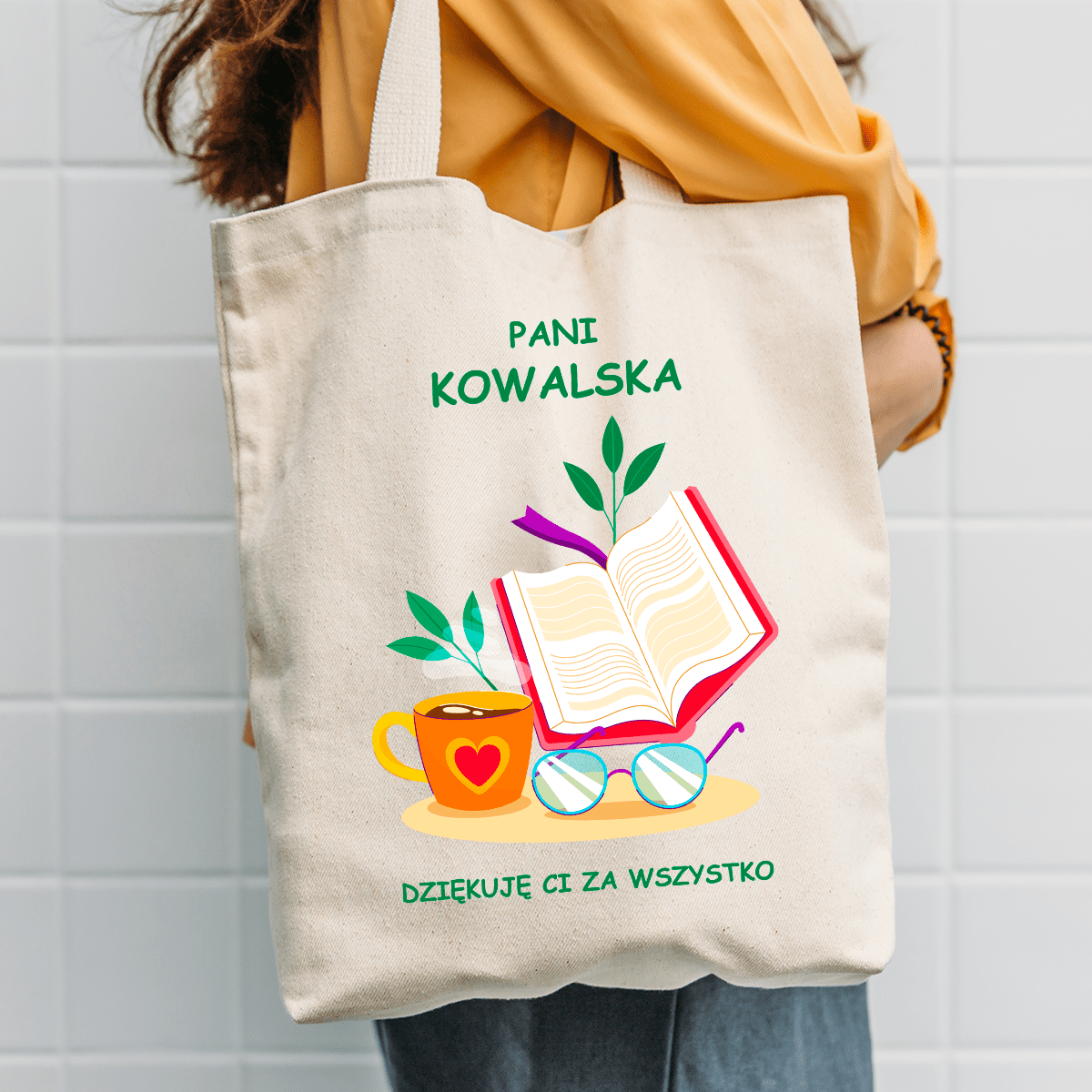 Materiałowa torba shopper z własnym nadrukiem DZIĘKUJĘ ZA WSZYSTKO - spersonalizowany prezent dla nauczycielki - idamell.com