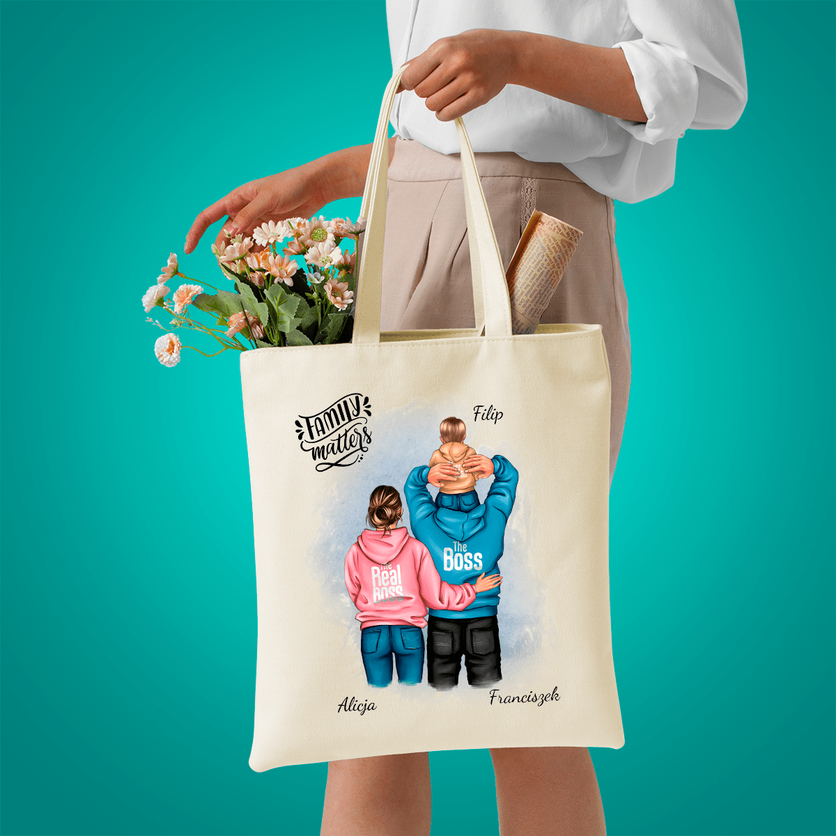 Materiałowa torba shopper z własnym nadrukiem FAMILY - spersonalizowany prezent dla rodziców - idamell.com