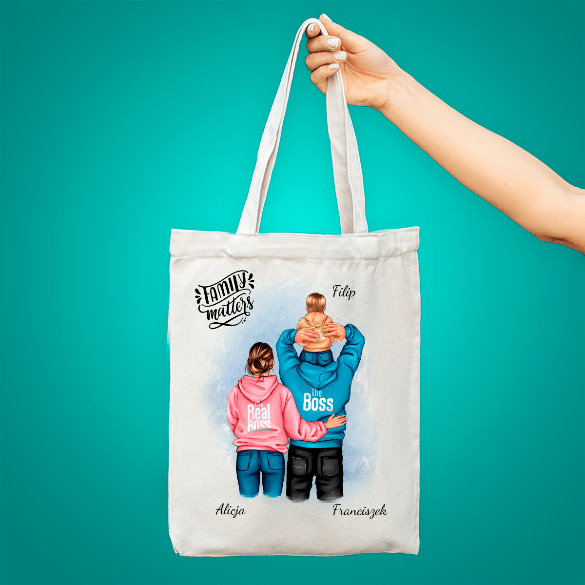 Materiałowa torba shopper z własnym nadrukiem FAMILY - spersonalizowany prezent dla rodziców - idamell.com