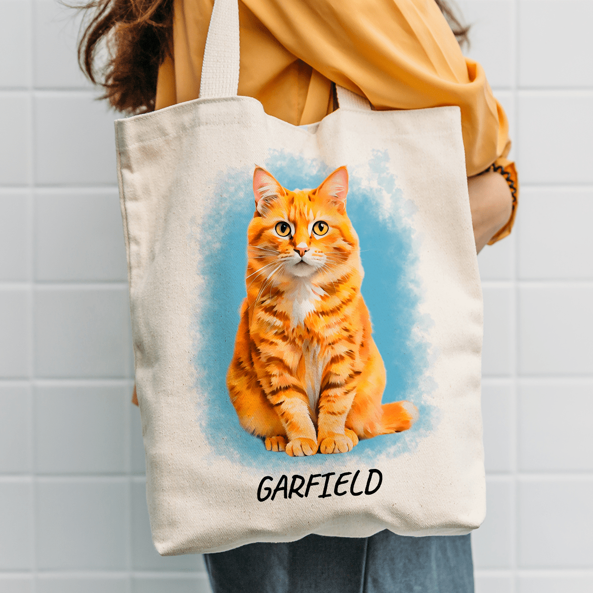 Materiałowa torba shopper z własnym nadrukiem GRAFIKA KOTA + IMIĘ - spersonalizowany prezent dla właściciela kota - idamell.com