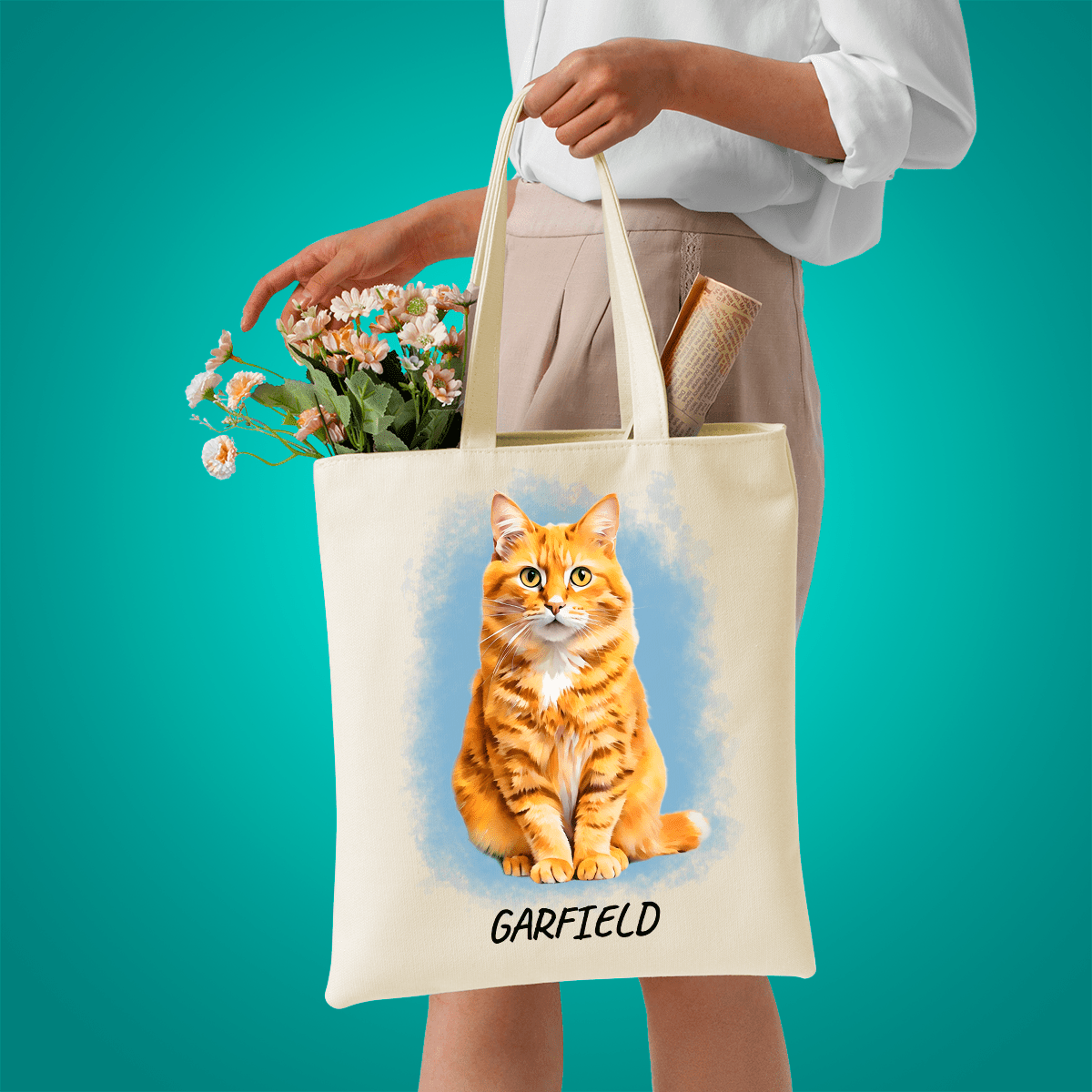 Materiałowa torba shopper z własnym nadrukiem GRAFIKA KOTA + IMIĘ - spersonalizowany prezent dla właściciela kota - idamell.com