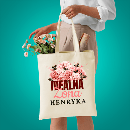 Materiałowa torba shopper z własnym nadrukiem IDEALNA ŻONA - spersonalizowany prezent dla żony - idamell.com