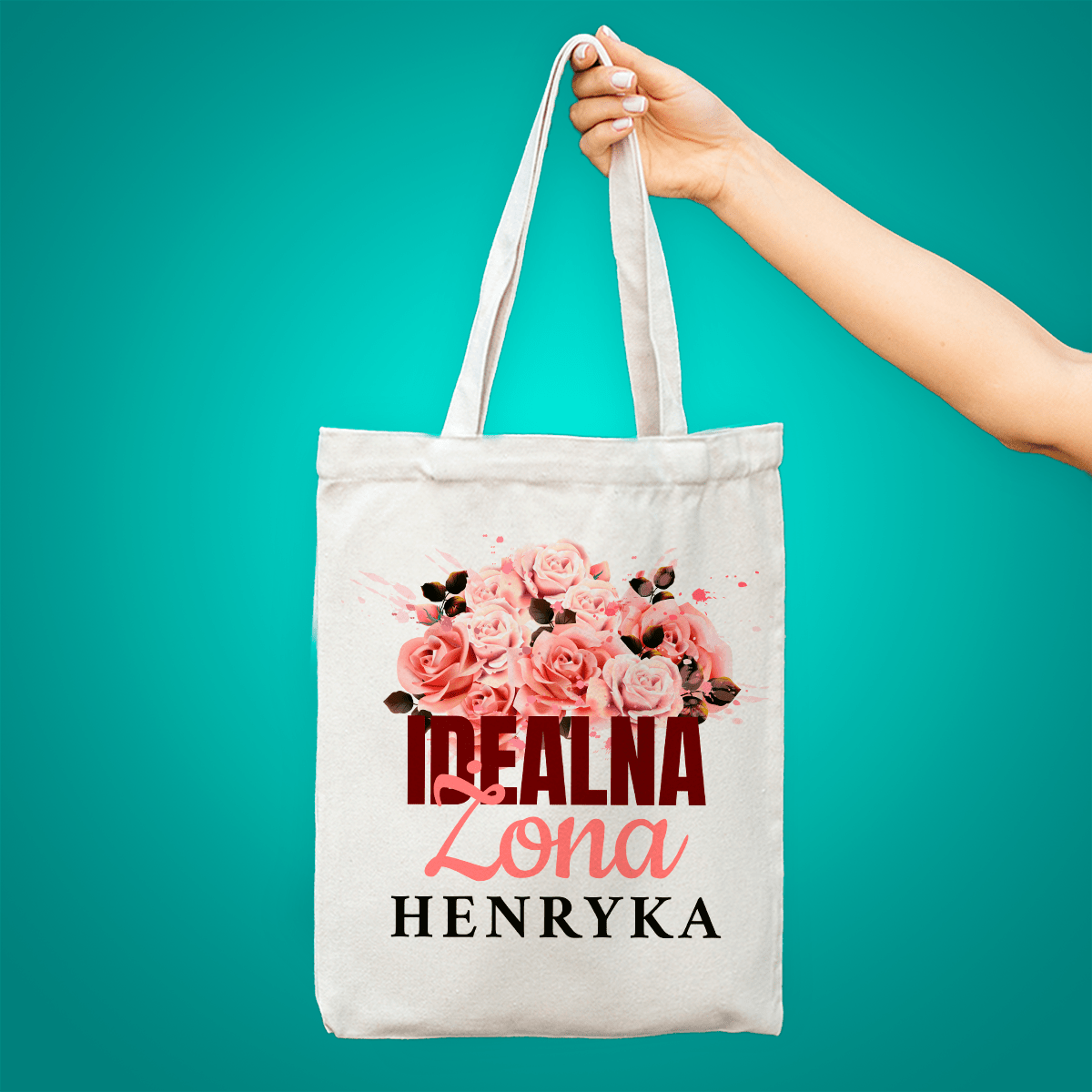 Materiałowa torba shopper z własnym nadrukiem IDEALNA ŻONA - spersonalizowany prezent dla żony - idamell.com