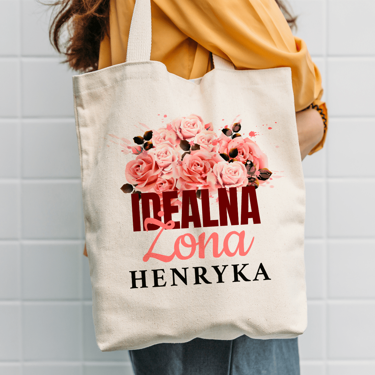 Materiałowa torba shopper z własnym nadrukiem IDEALNA ŻONA - spersonalizowany prezent dla żony - idamell.com